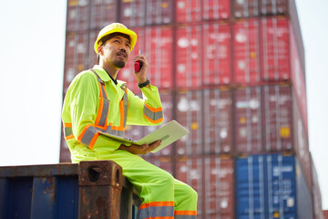 worker or engineer talking on walkie talkie and holding laptop computer in containers warehouse storage