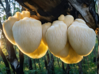 Lion's Mane mushroom on oak tree in the autumn forest. ( Hericium erinaceus )