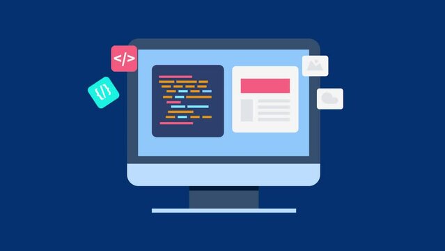 Web development concept, website backend coding using programming languages build web-based application software animated video.