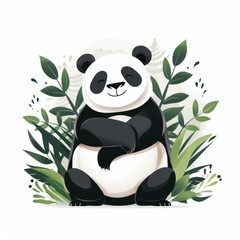  A panda sitting atop a lush, green field dotted with leaves Nearby, a tall, leafy plant waves its greenery