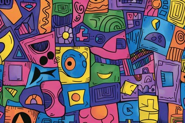 Obraz premium A front cover for a colouring book for toddlers called Shape and Pattern Playground, full of different shapes with various patterns within the shapes