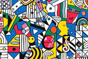 A front cover for a colouring book for toddlers called Shape and Pattern Playground, full of different shapes with various patterns within the shapes