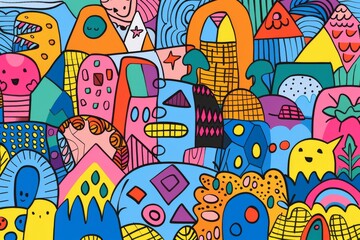Fototapeta premium A front cover for a colouring book for toddlers called Shape and Pattern Playground, full of different shapes with various patterns within the shapes