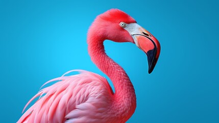 A graceful pink flamingo stands elegantly against a vibrant blue background