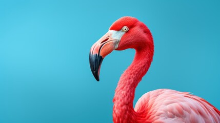 Obraz premium A majestic pink flamingo stands gracefully in front of a serene blue background