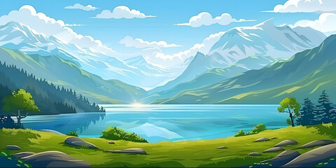 Fototapeta na wymiar Landscape with Lake: Tranquil Waterfront Scene with Reflective Waters, Scenic View of Nature's Serenity, Idyllic Lakeside Landscape, Generative AILandscape with Lake: Tranquil Waterfront Scene with 