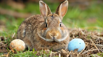 Fototapeta premium A rabbit sits in the grass next to a blue-and-white egg Another rabbit, brown-and-white, is seated nearby, also next to a blue-and-