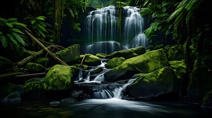 Beautiful waterfall in deep rain forest. Panoramic view.