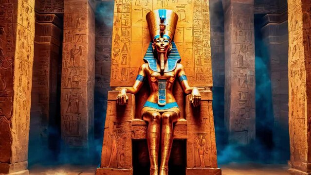 The beautiful Egyptian goddess-pharaoh Hatshepsut sits on a golden throne in the Dendera temple