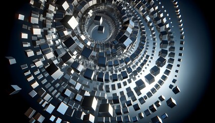 Kinetic art featuring rotating cubes in a void. Abstract background 
