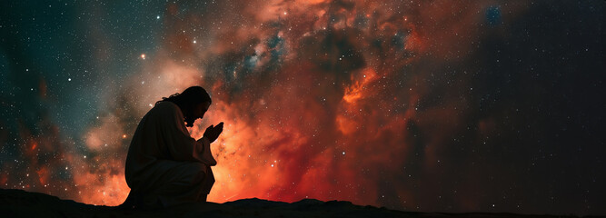 Jesus Christ praying with the Milky Way Galaxy stars in the night sky background banner