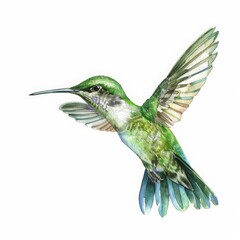A tiny watercolor of a hummingbird in flight, isolated white background