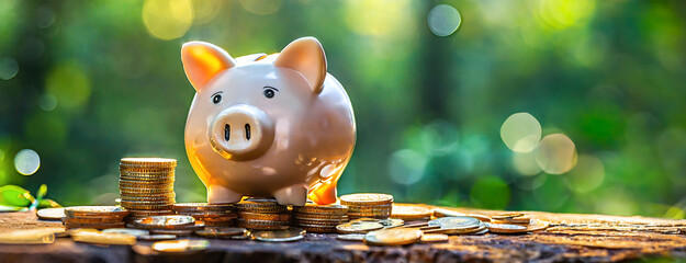 A ceramic piggy bank stands on coins in a sunlit natural setting, symbolizing savings.