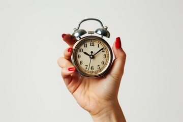Woman holding a vintage silver alarm clock in her hand with red nail polish