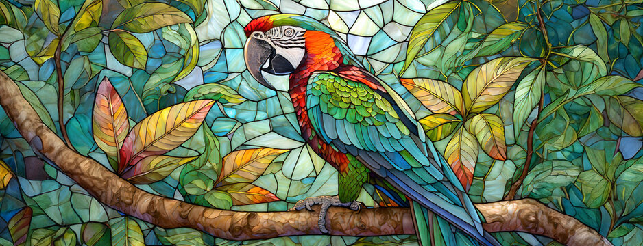 Stained glass window showcasing a colorful parrot amidst lush foliage. Crafted with vibrant hues, the artwork reflects an intricate balance of light and nature.