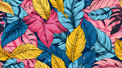 Fototapeta premium Tropical exotic colorful pink blue yellow leaves seamless pattern, glamorous digital art background design, hand-drawn style fabric vintage illustration