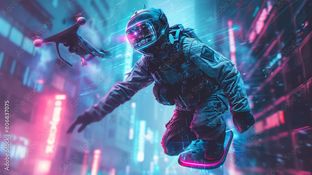 Poster a high-tech burglar with a cyber visor, fleeing surveillance drones on a hoverboard, bag of digital 