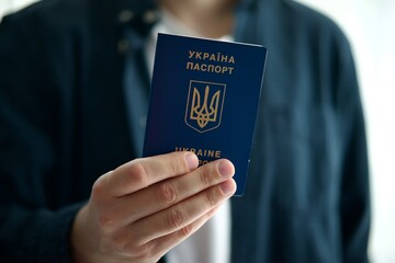 Ukrainian passport in the hands of a person close-up