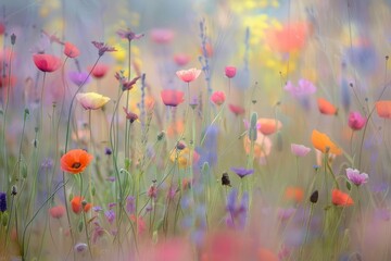 2022 - impressionistic aerial over Ukraine fields with wildflowers growing suggests Ukranian agriculture and landscape.. Beautiful simple AI generated image in 4K, unique.