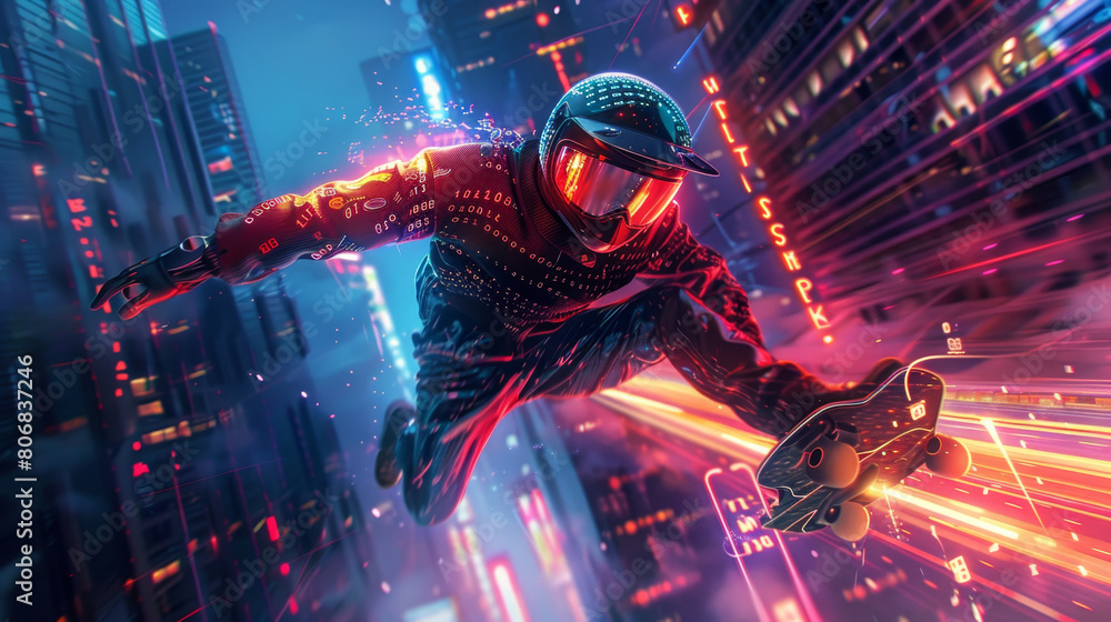 Poster Neon thief in reflective shades, speeding above a cyberpunk city on a hoverboard, digital coin bag radiating binary code beams, virtual neon glow