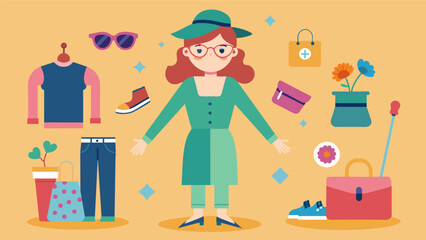 A quirky thrift store fashion blogger stumbling upon unexpected and quirky finds incorporating them into her outfits for a touch of whimsy.. Vector illustration