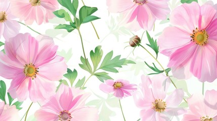 Fototapeta premium Background of a mix of delicate pink cosmea blossoms and fresh green leaves