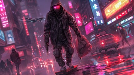 A masked hacker in sleek cyber gear, evading drones on a hoverboard, holding a holographic bag of digital coins, neon reflections on wet streets