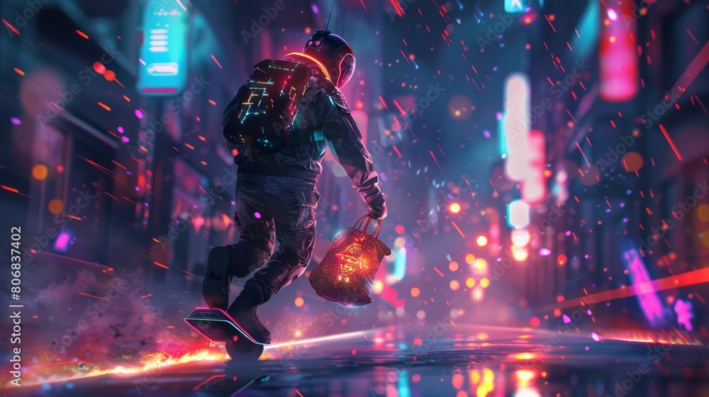 Poster stealthy cyber rogue in a light-up jacket, escaping on a hoverboard with a holographic bag of digita