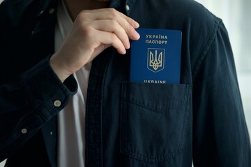 man puts Ukrainian passport in his pocket