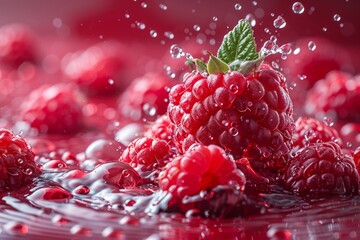 Close up of boysenberries splashing into a glass of water