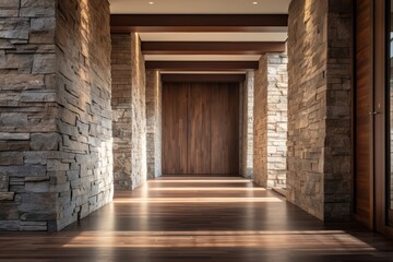 the corridor of a hotel room, a closet stands, offering a convenient storage solution for guests during their stay.