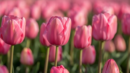 Fototapeta premium A field of pink tulips in full bloom, foregroundfocused Background softly blurred with flower details