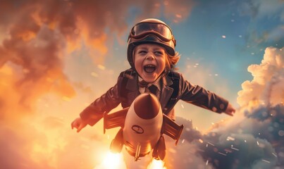 Joyful child on a rocket ride through the sky, experiencing adventure and excitement