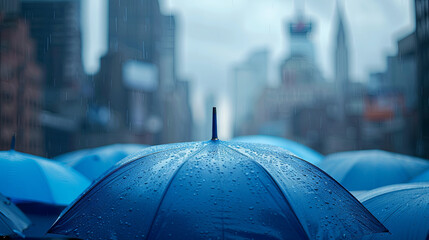 Blue umbrella in the rainy city