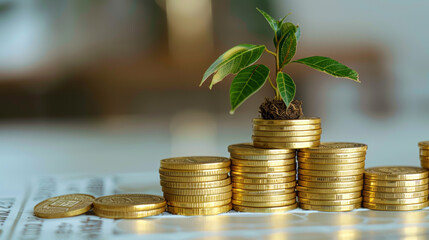 stack of gold coins with a small plant growing on top, symbol of financial success