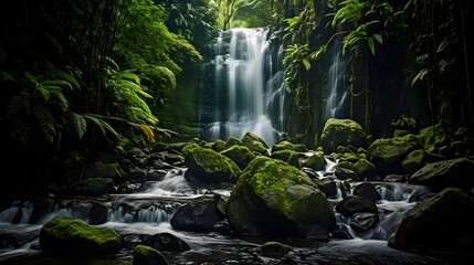 Naklejka na ściany i meble Panorama of a waterfall in the rainforest of New Zealand.