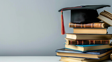 Stack of books with a graduation cap on top, soft light casting gentle shadows, against a white background representing academic success