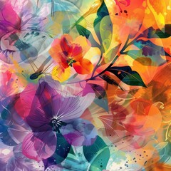 Colorful Abstract Floral Artwork with Vibrant Blossoms and Splatter Textures