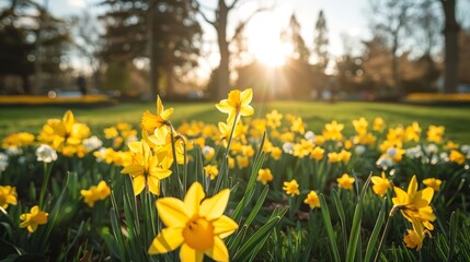 Obraz premium A field filled with yellow daffodils Sun shines through trees and grass behind