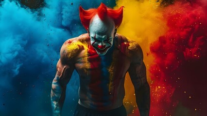 Strong clown blends fitness and entertainment in a captivating image of strength. Concept Strength Training, Clown Performance, Fitness Fusion, Entertainer Athlete, Captivating Imagery