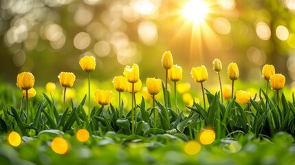   A scene of yellow tulips in foreground, sun filtering through background trees, green grass beneath - Powered by Adobe