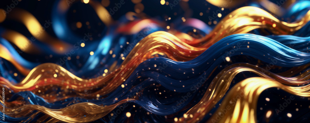 Aufkleber the image features a wavy abstract background with colorful lines and golden lights - generative ai
