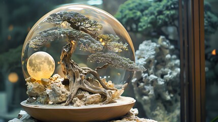 Craft an intricate clay sculpture depicting the enchanting scene of a bonsai tree under the moons glow within a magical terrarium, showcasing intricate details and textures