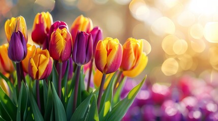   A field of vibrant tulips with a background of assorted blooms