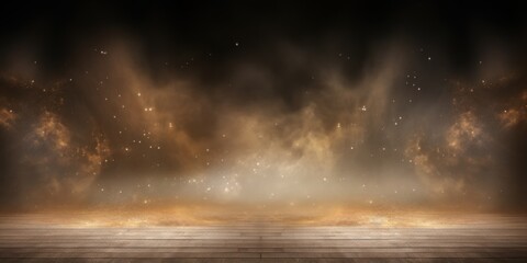 Tan smoke empty scene background with spotlights mist fog with gold glitter sparkle stage studio interior texture for display products blank copyspace 