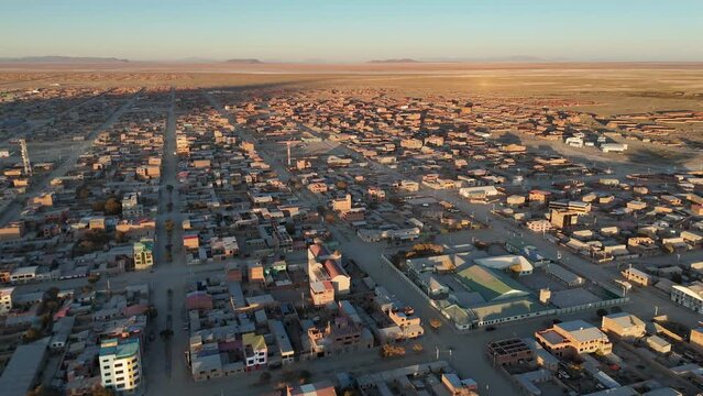 Uyuni salt flats town city drone aerial view bolivia south america Train Cemetery