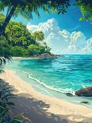 Fototapeta premium 2d illustration of tropical beach with palm trees, beach background