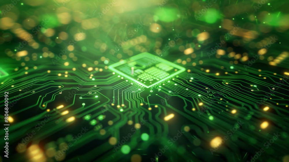 Poster macro view of a high-tech green circuit board featuring intricate microchips and glowing connections