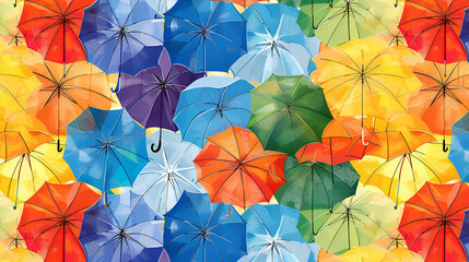 Seamless Colorful Rainbow Umbrella Pattern Background, Vibrant Repeat Design with Umbrellas in Various Colors, Playful and Cheerful Illustration, Generative AI

