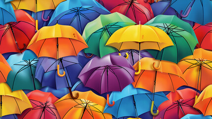 Seamless Colorful Rainbow Umbrella Pattern Background, Vibrant Repeat Design with Umbrellas in Various Colors, Playful and Cheerful Illustration, Generative AI

